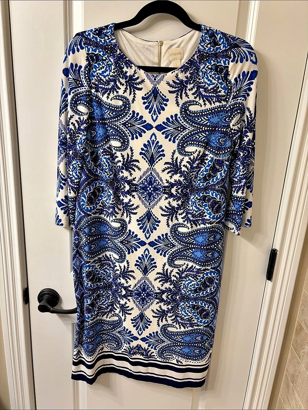 Chicos Paisley Over the Knee Dress in Blue & White Size 1 Like New